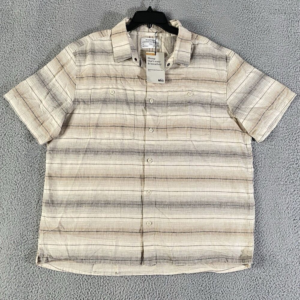 REI Cooperative Westerlands Shirt Mens XL Beige Button Short Sleeve Hemp Blend